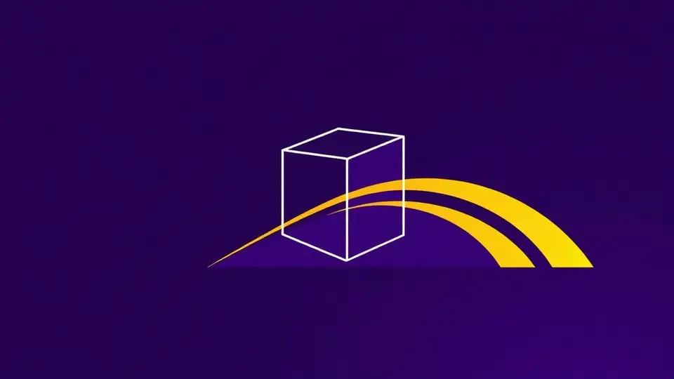 Grafismo abstrato roxo com contorno de caixa e curva amarela representando embalagens e reciclagem