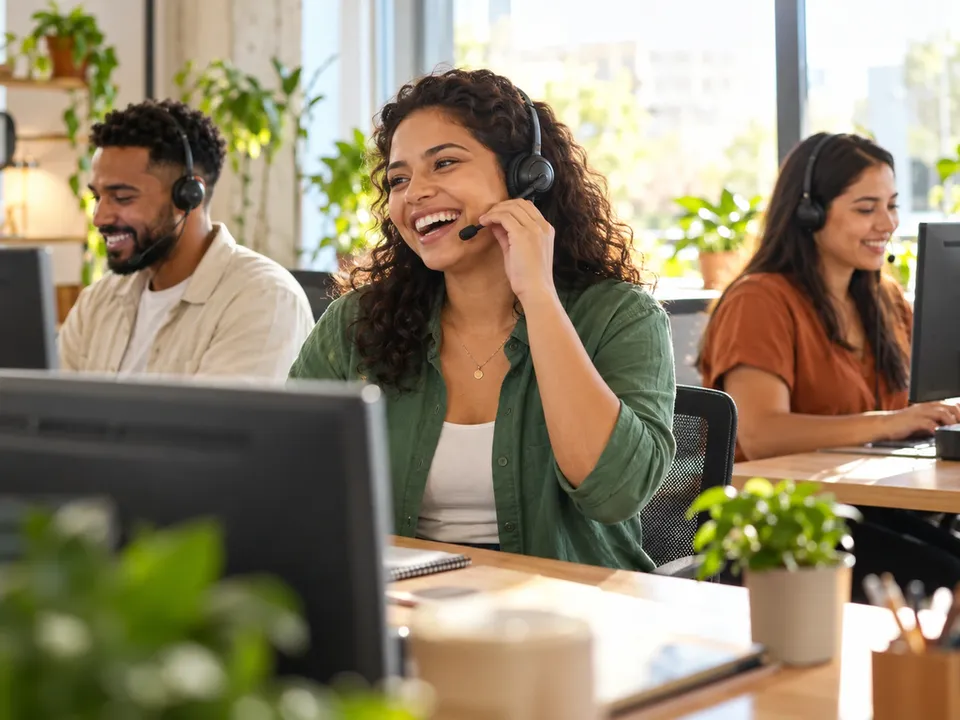 Time de atendimento sorrindo no escritório, com headsets e monitores