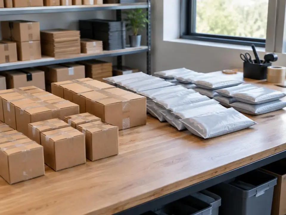 Bancada de estoque com caixas e envelopes pequenos organizados em fileiras