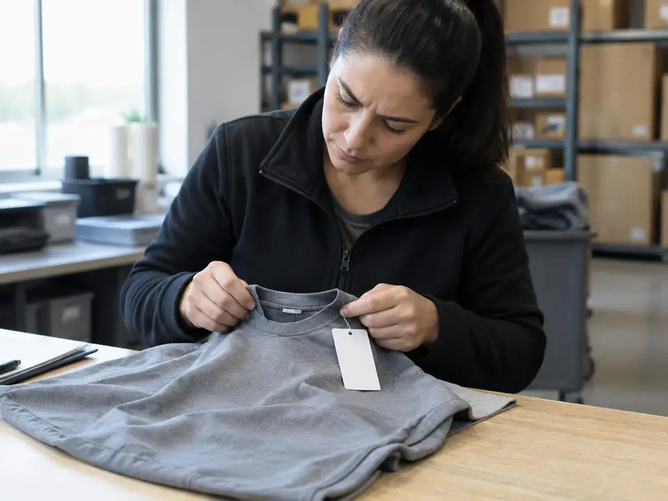 Operadora de estoque examinando a costura e a etiqueta de uma camiseta devolvida