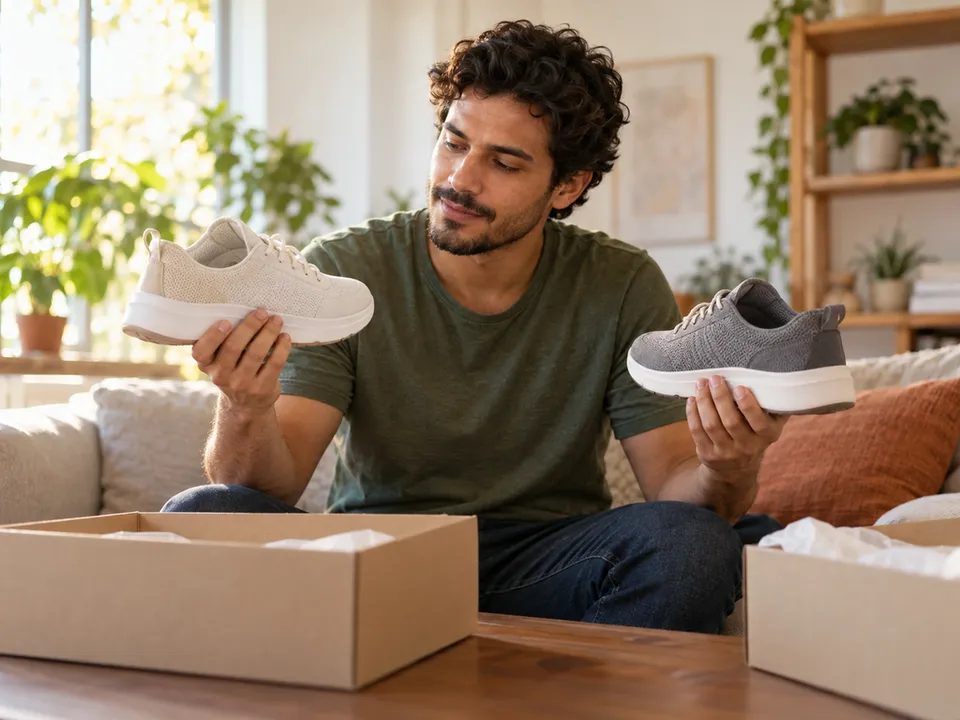 Homem em casa comparando dois tênis, um branco e um cinza, com as caixas abertas na mesa