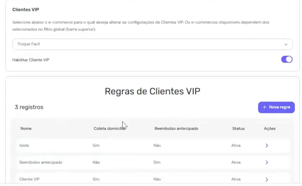 Tela de regras para clientes VIP na Aftersale, com condições e ofertas por perfil