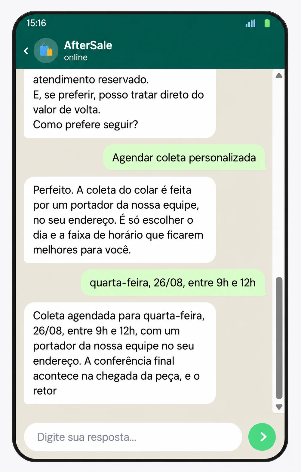 Conversa no WhatsApp em que o consumidor agenda a devolução com a Aftersale