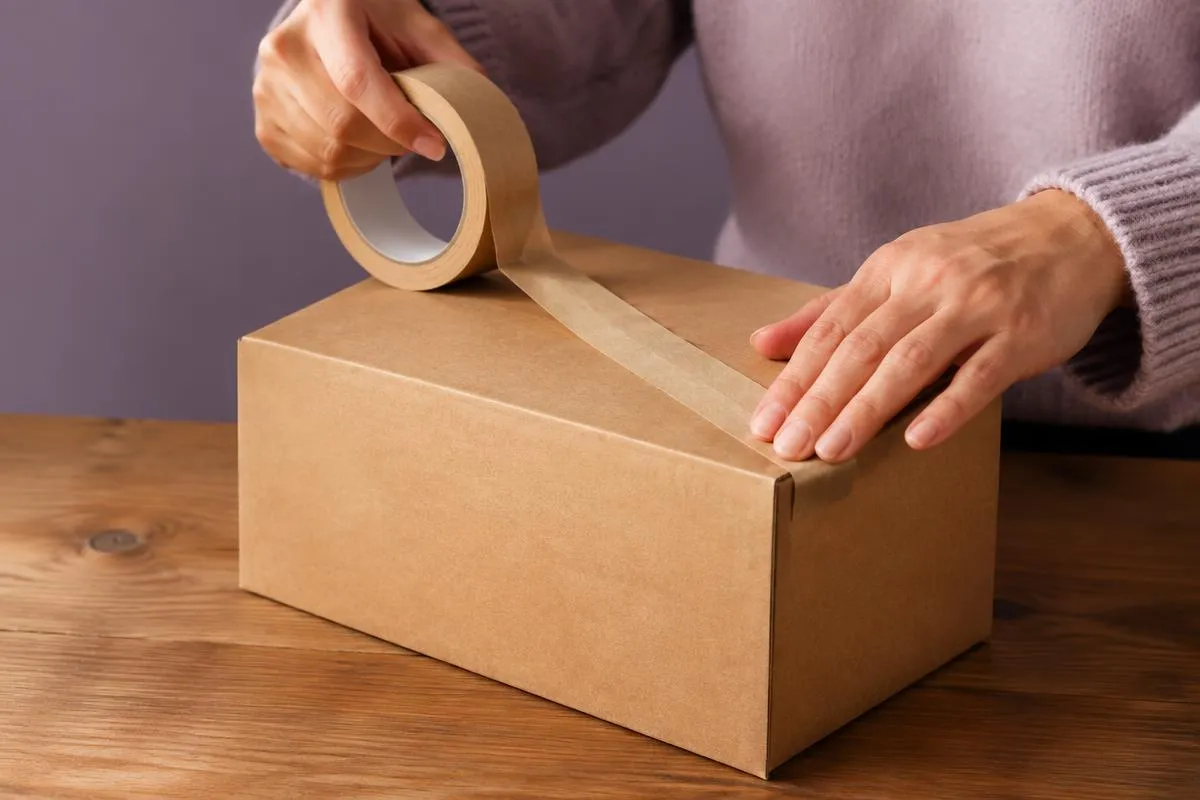 Caixa de papelão kraft sendo lacrada para envio