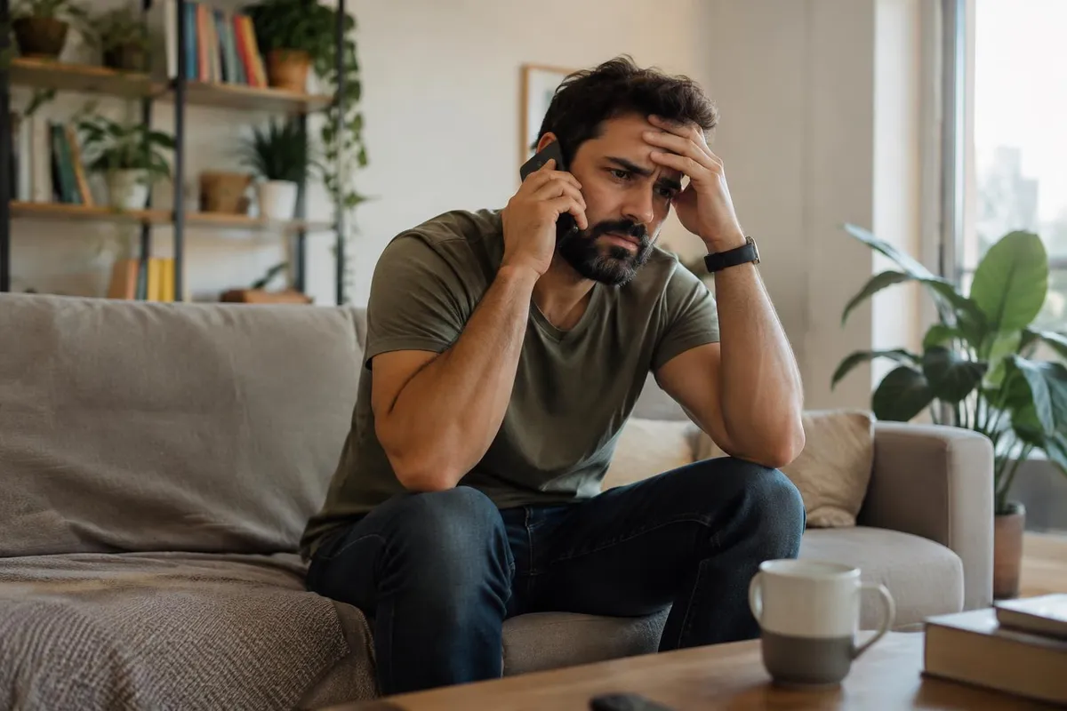 Homem de barba sentado no sofá segura o celular junto ao ouvido e apoia a mão na testa, com ar impaciente