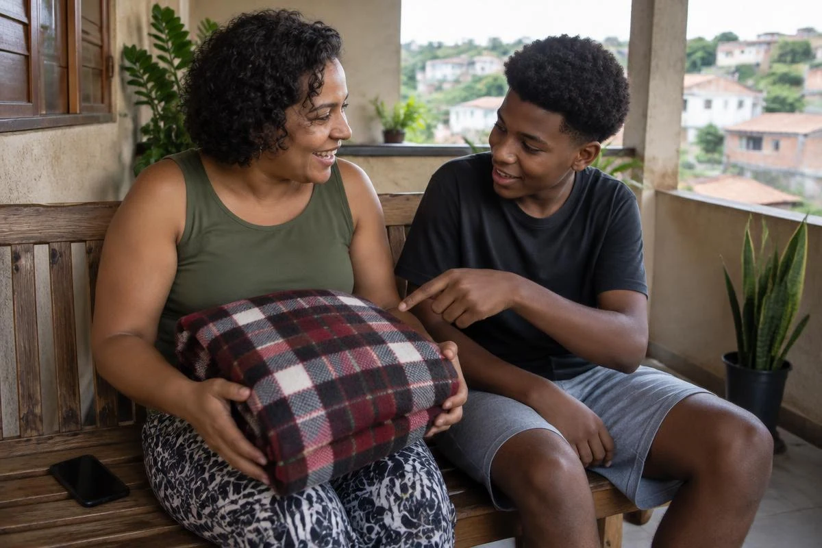 Mãe e filho adolescente conversam na varanda sobre presentes, ele aponta para um cobertor xadrez no colo dela