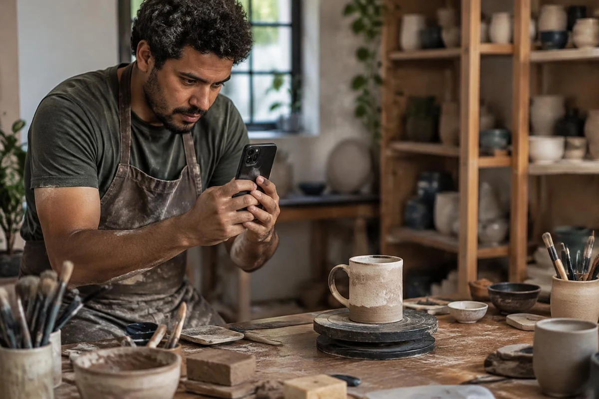 Artesão de avental fotografa com o celular uma caneca de cerâmica sobre a bancada de madeira do ateliê