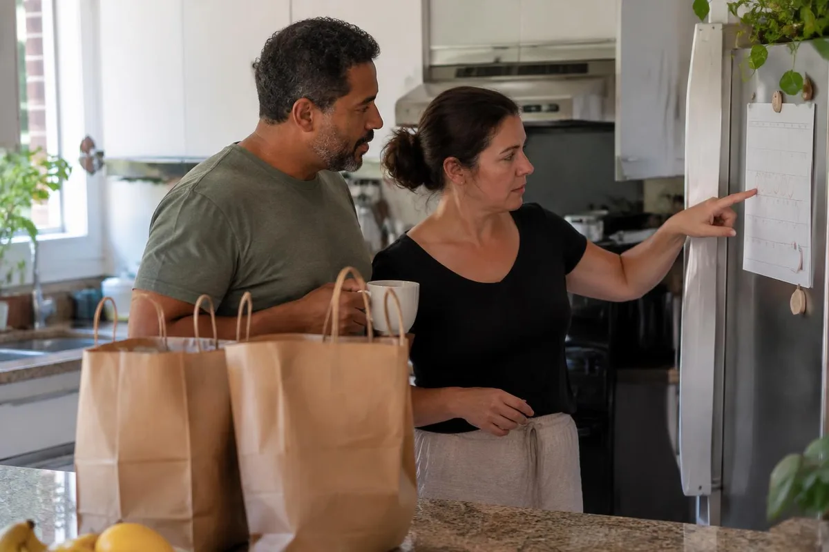 Casal conversa na cozinha diante de um calendário de papel com datas circuladas, com sacolas de compras sobre a bancada