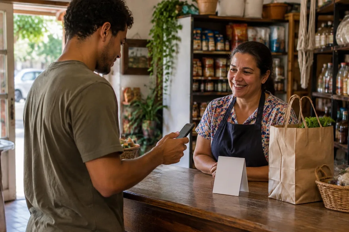 Cliente segura o celular no balcão de uma pequena loja enquanto a comerciante sorri, com uma sacola de compras ao lado