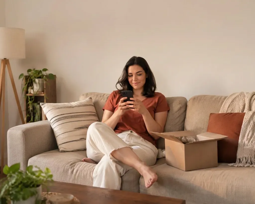 Mulher sentada no sofá olhando o celular no meio de uma compra on-line