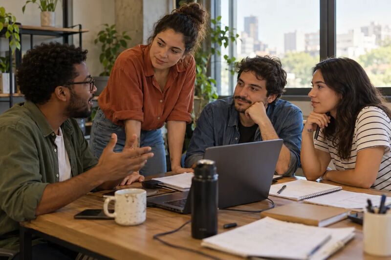Equipe conversando ao redor de um notebook em uma sala de trabalho comum, com luz natural das janelas