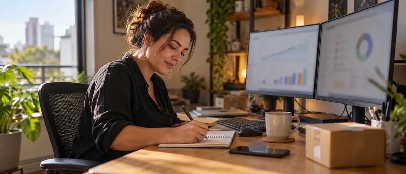 Gestora de camisa escura à frente de dois monitores com gráficos, concentrada e sorrindo enquanto anota em um caderno, com luz natural da janela