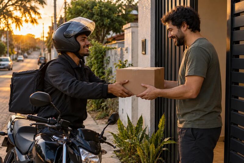 Entregador de moto entregando um pacote a um morador na porta de uma casa em rua residencial