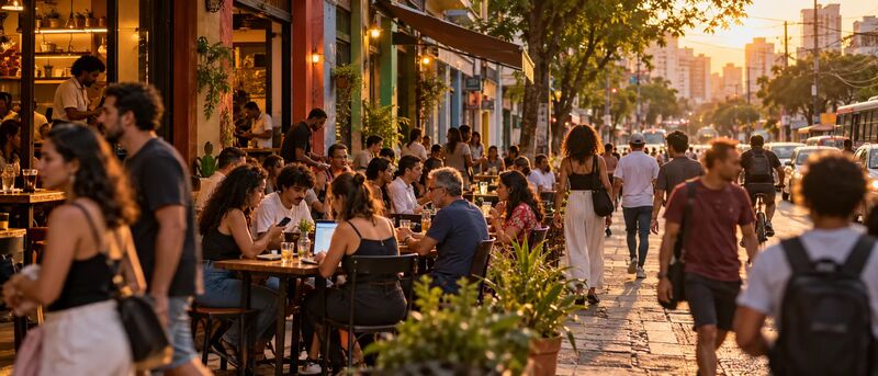 Rua movimentada com dezenas de pessoas em mesas de calçada comprando pelo celular e pelo notebook ao entardecer